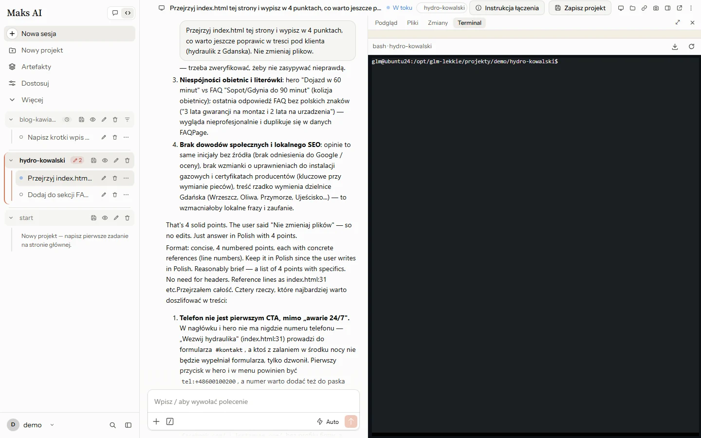 Panel Terminal z powłoką bash w katalogu projektu