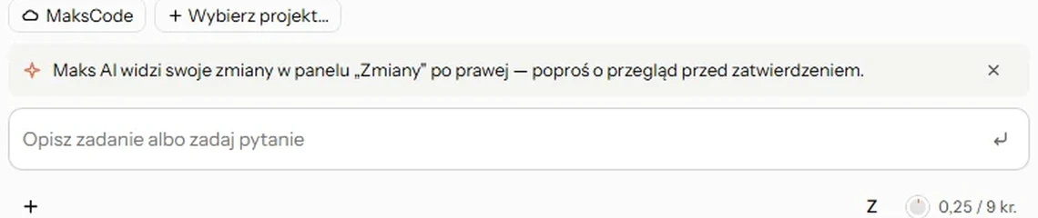 Zbliżenie pola zadania z wyborem projektu, modelem i licznikiem kredytów