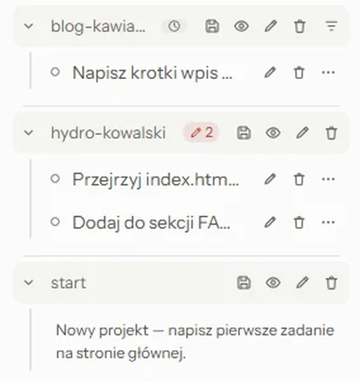 Zbliżenie paska bocznego: projekty z wciętymi sesjami